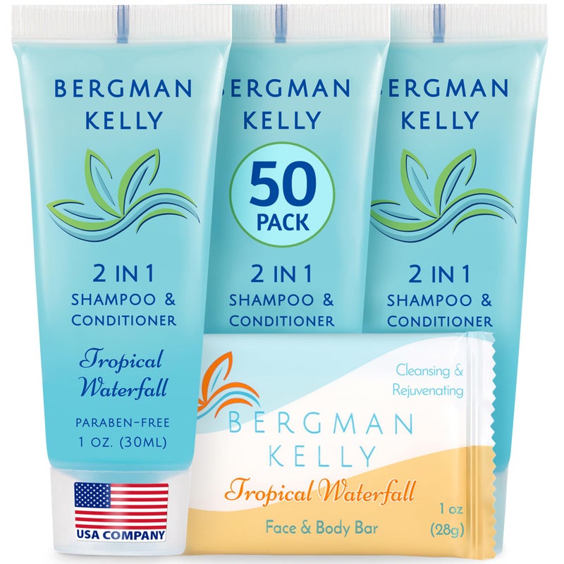 BERGMAN KELLY Rectangle Soap Bars, 2in1 Shampoo & Conditioner 2-Piece Set (Tropical Waterfall, 1 oz ea, 100 pc), Delight Your Guests with Revitalizing & Refreshing Sanitary Toiletries Hotel Amenities - Image 1